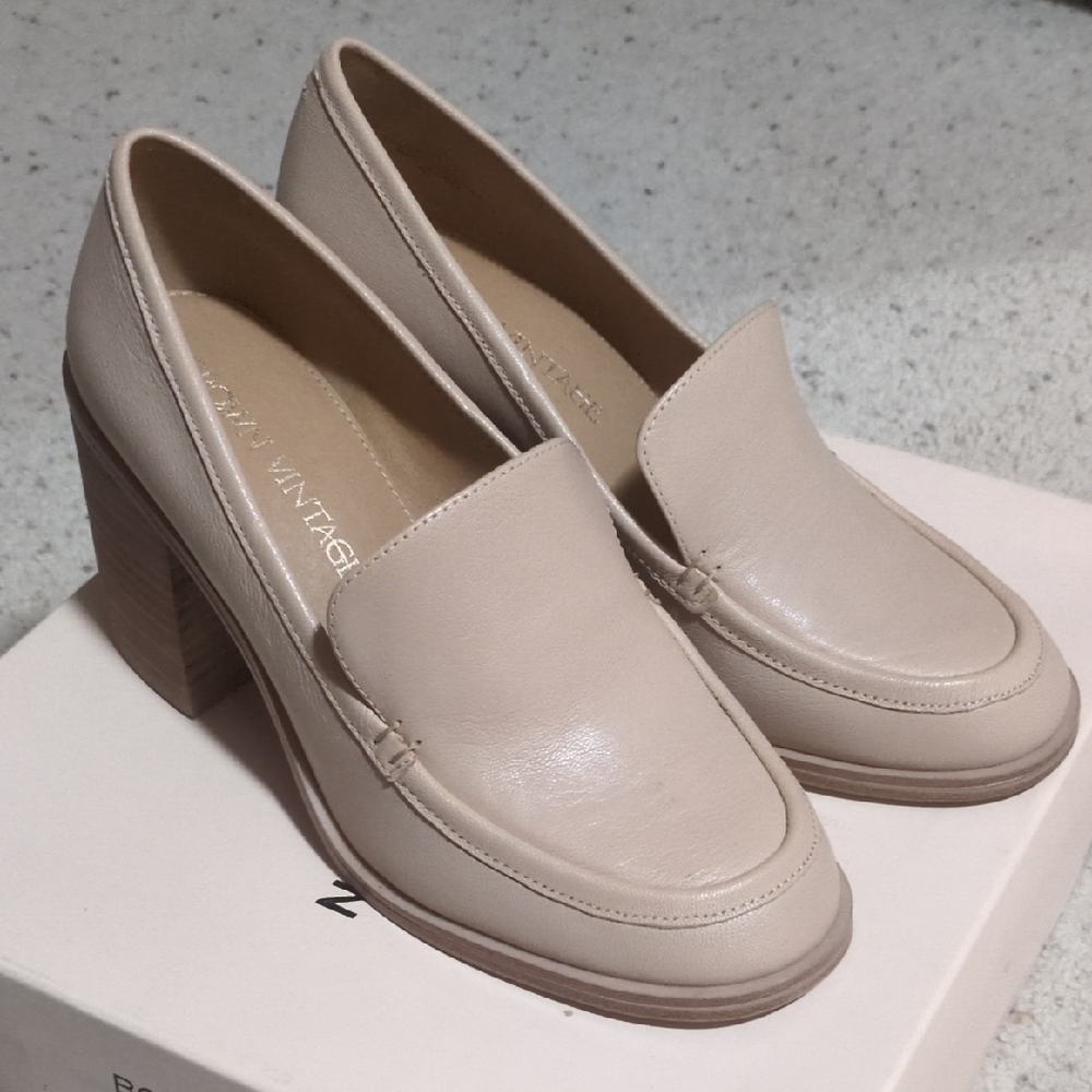 Crown Vintage Beige Block Heel Loafers